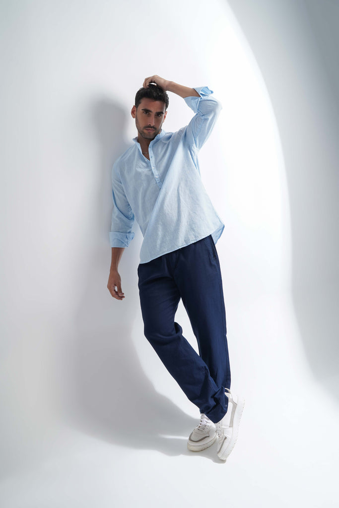 Half Collar Linen Shirt - Baby Blue